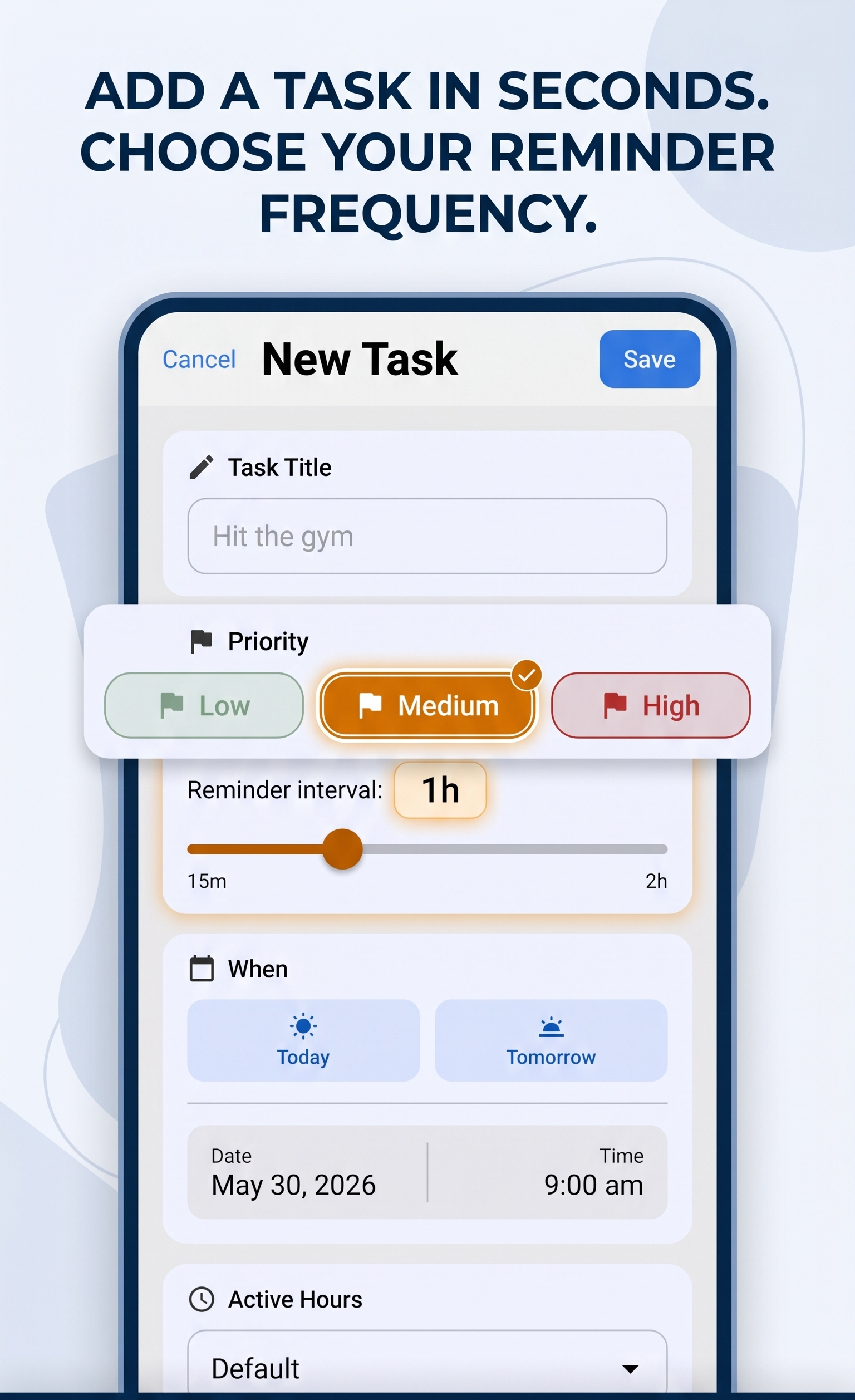 Adding a task in Againly and choosing the reminder frequency